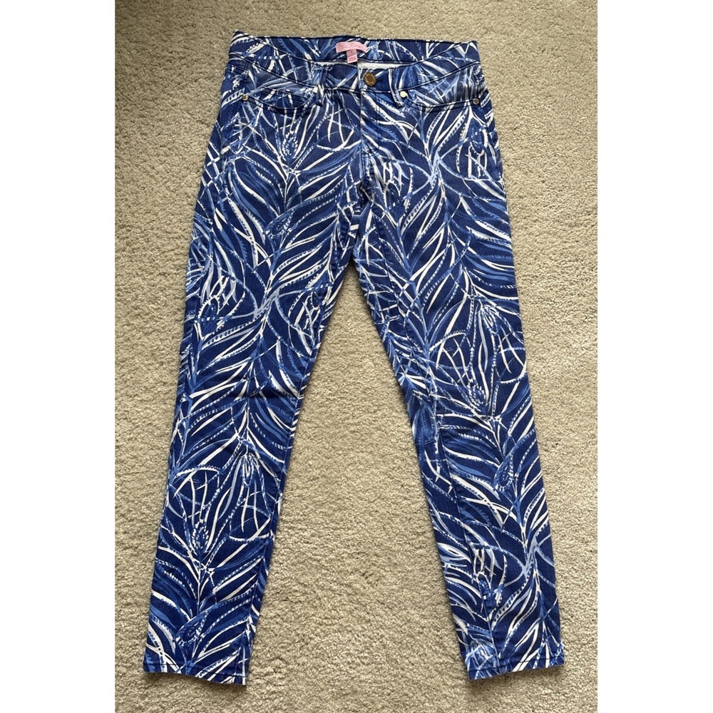 Womens Lilly Pulitzer South Ocean Blue/White Design Stretch Crop Skinny Jeans 4
